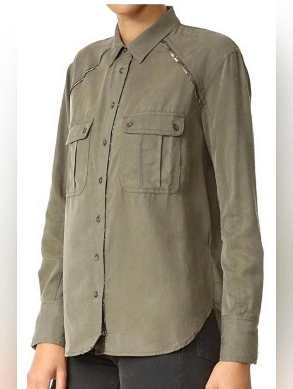 Free People Off Campus Moss Green Metallic Shirt Sz. M - Picture 3 of 14